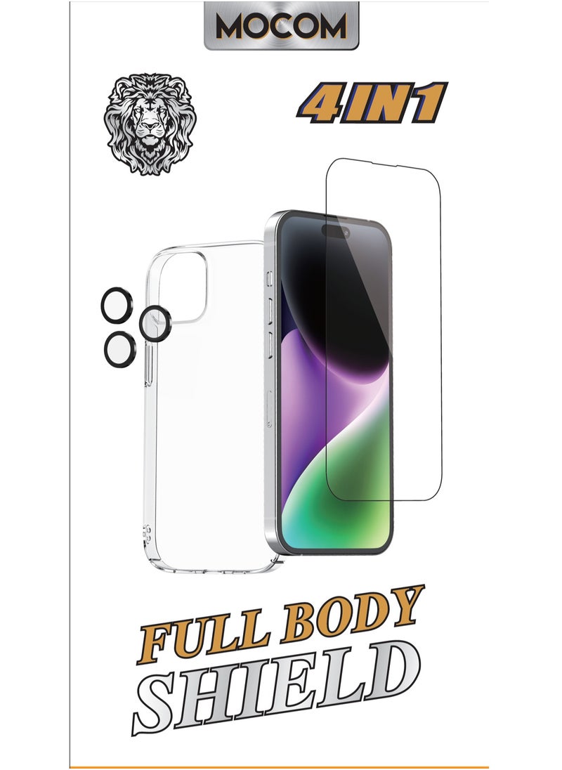 MOCOM 15 Pro Full Body Protection Bundle for iPhone 15 Pro: Crystal Clear Case with 5D Full Glue Screen Protector, Black Camera Ring, and Scratch-Resistant Back Film – Ultimate 360° Protection  - Image 1