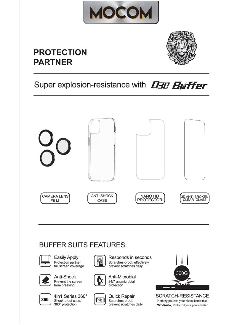 MOCOM 15 Pro Full Body Protection Bundle for iPhone 15 Pro: Crystal Clear Case with 5D Full Glue Screen Protector, Black Camera Ring, and Scratch-Resistant Back Film – Ultimate 360° Protection  - Image 3