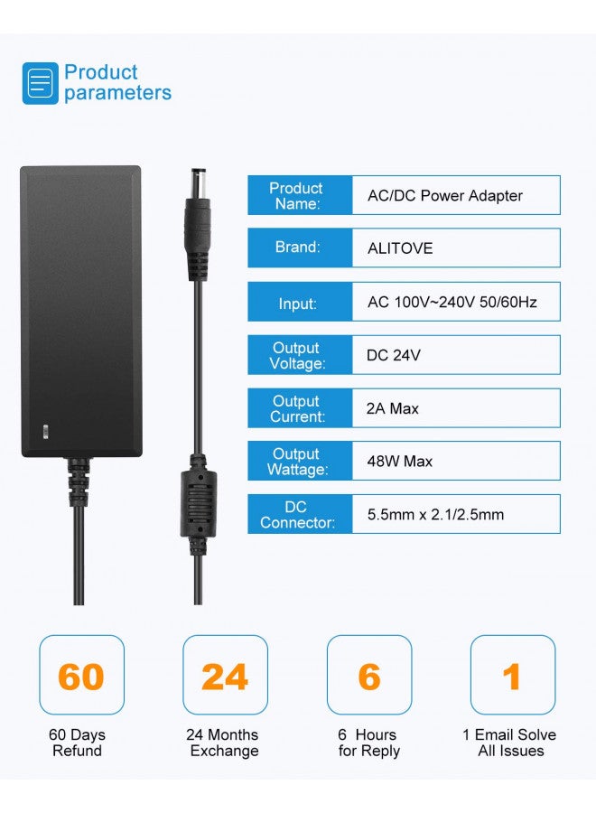 ALITOVE محول الطاقة ALITOVE 24V DC 2A 48W AC/DC 100~240V AC إلى DC 24 فولت 2 أمبير محول 24 فولت DC 2000mA 1.8A 1.5A 1.3A 1.2A مع قابس 5.5mmx 2.5mm 2.1mm لإضاءة شريط LED وكاميرا CCTV ومضخة DC ومروحة - Image 3