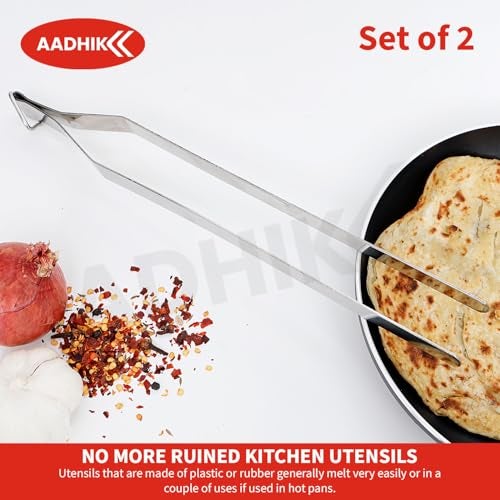 AADHIK Stainless Steel Chimta for Kitchen, Roti Tong, Chapati Chimta, Tong for Chapati (Pack of 2) - Image 4