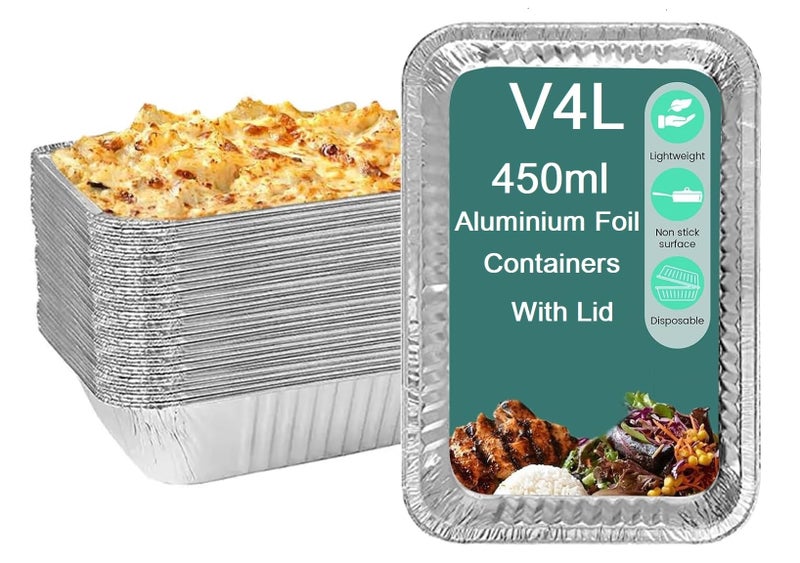 V4L Food Storage Disposable Aluminium Foil Containers with Lid for Takeaway Fast Food Packaging Size 450 ml Pack of 25 - Image 1