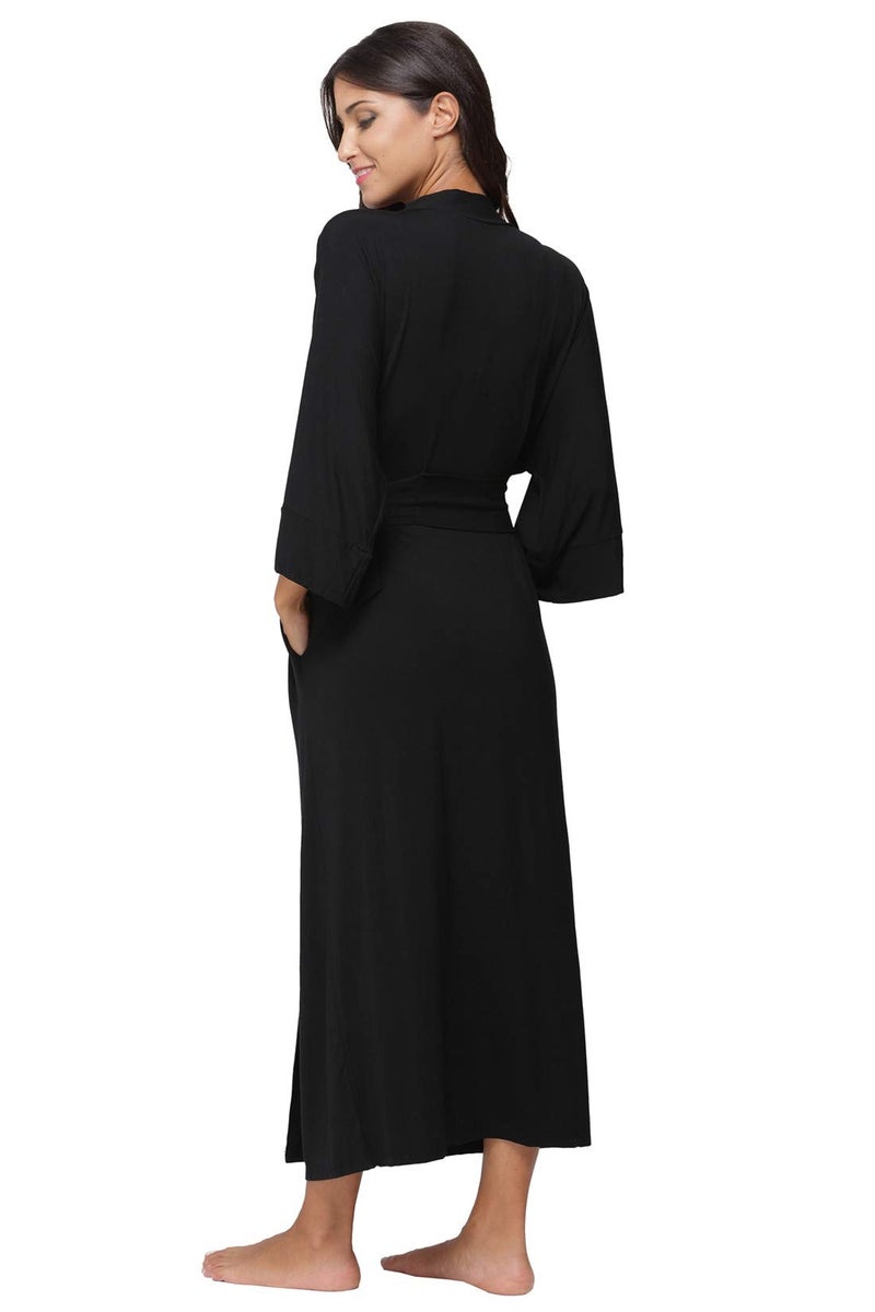 MissNina روب نسائي ناعم طويل، روب استحمام، كيمونو، ملابس نوم، رداء، أسود، كبير - Image 5
