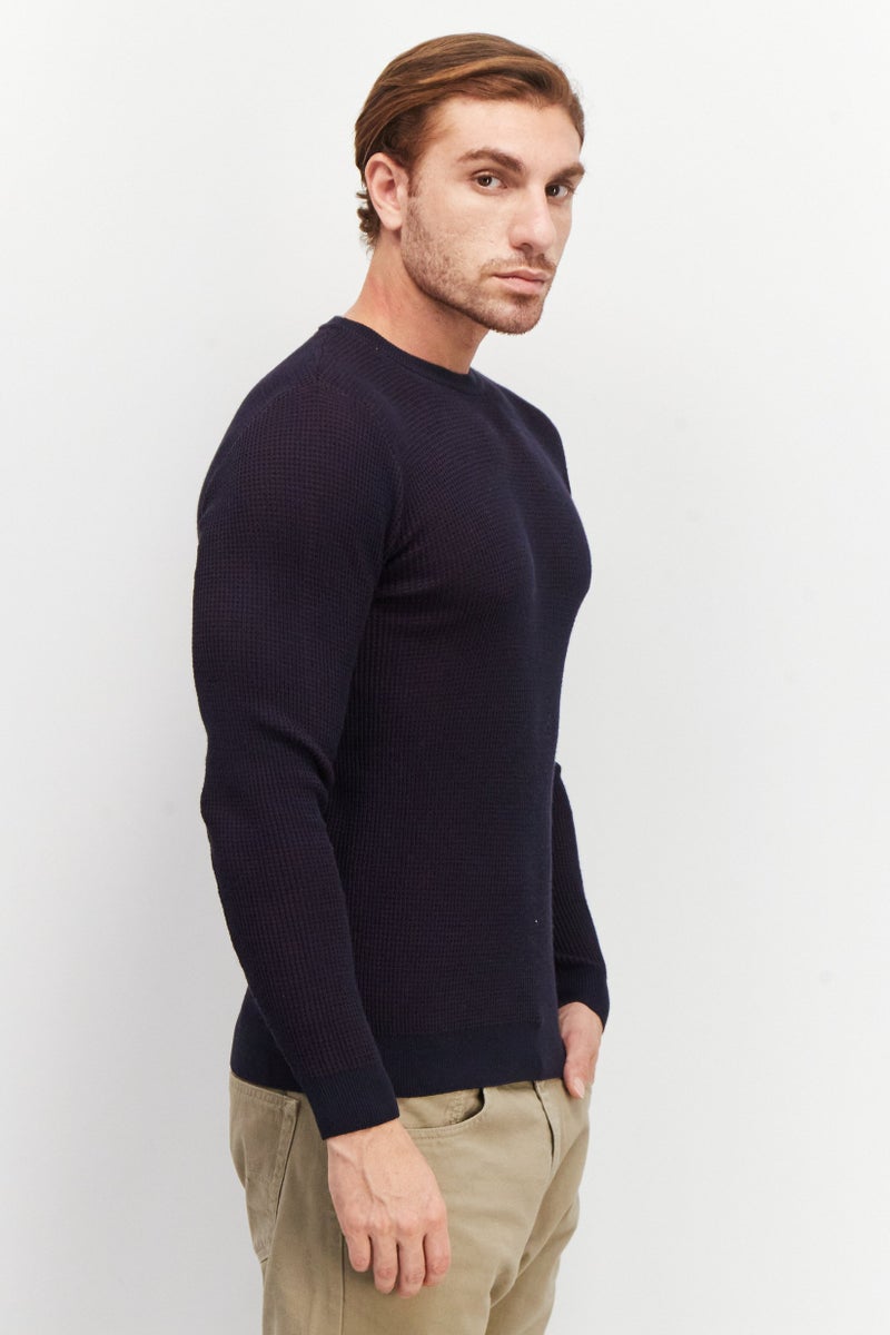 Sorbino Men Crew Neck Textured Long Sleeves Sweatshirt, Navy Blue - Image 4