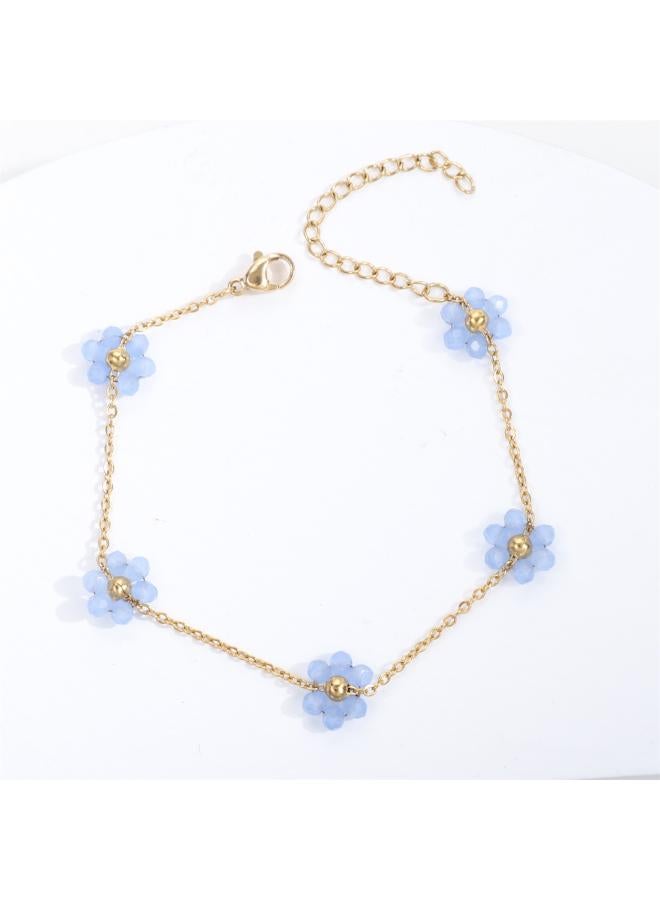 Cross Border Color Crystal Flower Pearl Flower Stainless Steel Dopamine Advanced Sense Style Titanium Steel Bracelet Ankle Chain For Women 