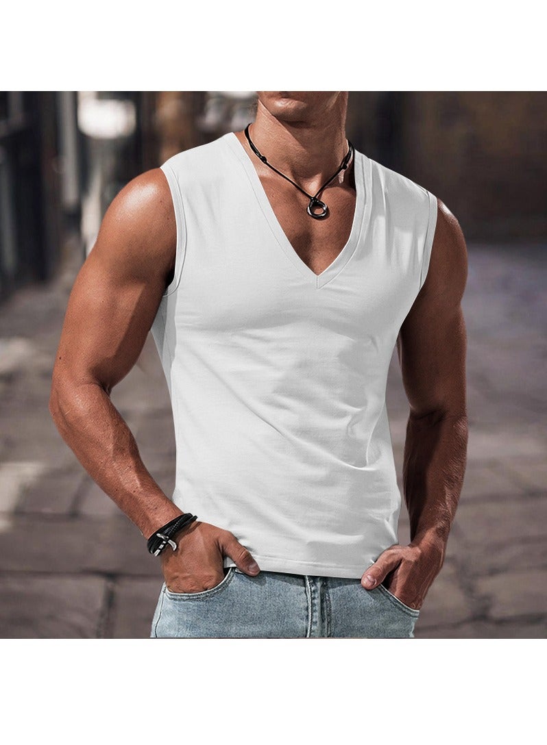 KUYING Summer Men's Solid Color Large V-neck Lloose Casual Sports Vest