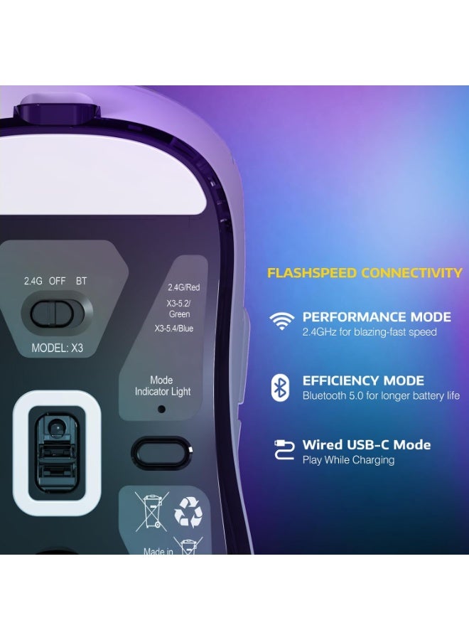 هجوم القرش ماوس ألعاب لاسلكي خفيف الوزن X3 مع وضع ثلاثي 2.4 جيجاهرتز/USB-C سلكي/بلوتوث، 26 ألف نقطة في البوصة، مستشعر بصري PAW3395، مفتاح Kailh GM8.0، 5 أزرار قابلة للبرمجة لأجهزة الكمبيوتر الشخصية/ويندوز/ماك - أبيض - Image 4