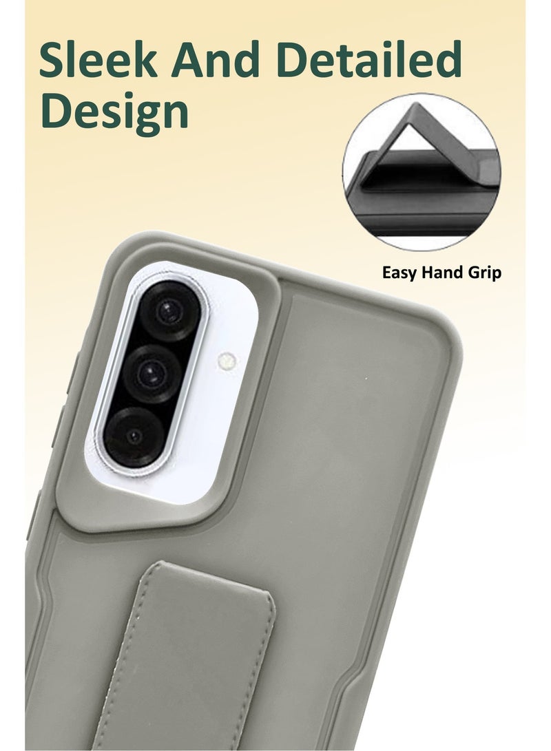 NAFCO For Samsung Galaxy A56 - Hard Silicone Magnetic Back Stand Case  With Foldable Kickstand & Finger Strap  - Grey - Image 2