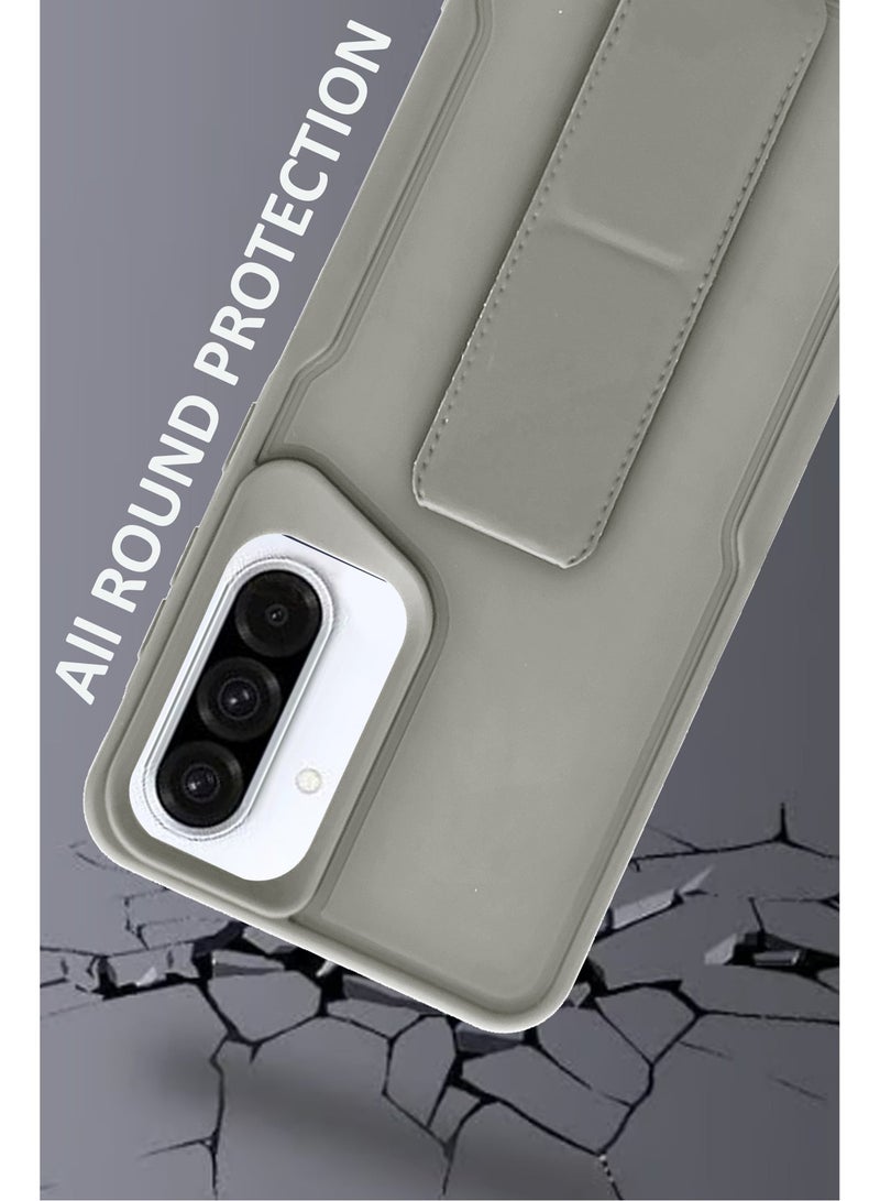 NAFCO For Samsung Galaxy A56 - Hard Silicone Magnetic Back Stand Case  With Foldable Kickstand & Finger Strap  - Grey - Image 4