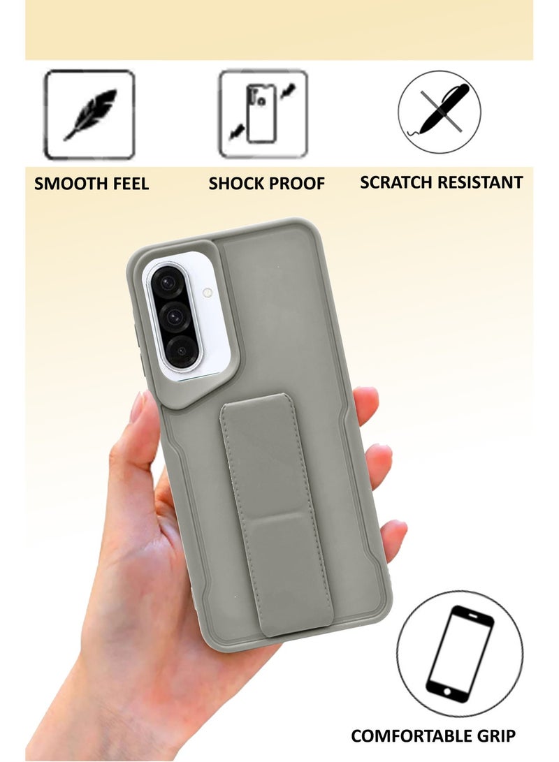 NAFCO For Samsung Galaxy A56 - Hard Silicone Magnetic Back Stand Case  With Foldable Kickstand & Finger Strap  - Grey - Image 3