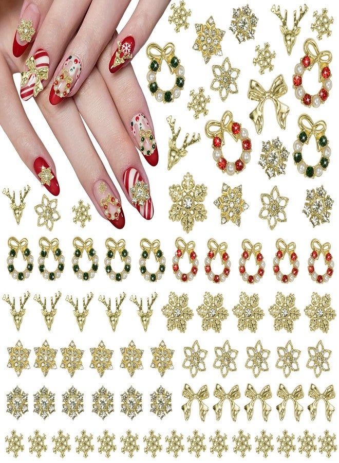 Uotey 54 Pcs Gold Christmas Nail Charms, 3D Alloy Snowflake Nail Charms Rhinestones, Cute Christmas Elk Bow Nails Charm for Xmas DIY Nails Supplies - Image 1