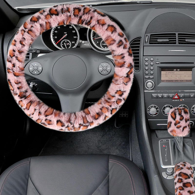 Accmor Fuzzy Steering Wheel Cover, Universal Fit Fur Car Wheel Cover & Handbrake Cover & Gear Shift Cover Set for Women Girls, Leopard Winter Warm Fluffy Vehicle Wheel Protector for Auto, SUV (Pink) - Image 3