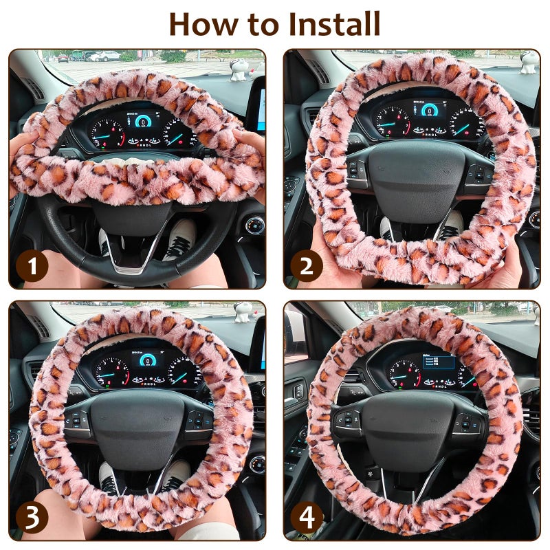 Accmor Fuzzy Steering Wheel Cover, Universal Fit Fur Car Wheel Cover & Handbrake Cover & Gear Shift Cover Set for Women Girls, Leopard Winter Warm Fluffy Vehicle Wheel Protector for Auto, SUV (Pink) - Image 5