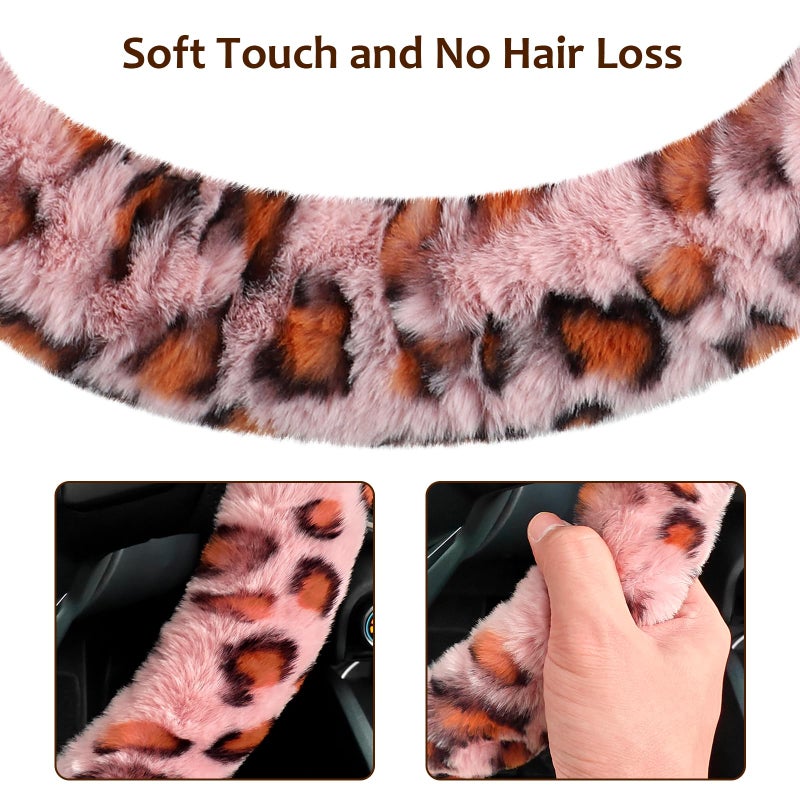Accmor Fuzzy Steering Wheel Cover, Universal Fit Fur Car Wheel Cover & Handbrake Cover & Gear Shift Cover Set for Women Girls, Leopard Winter Warm Fluffy Vehicle Wheel Protector for Auto, SUV (Pink) - Image 4