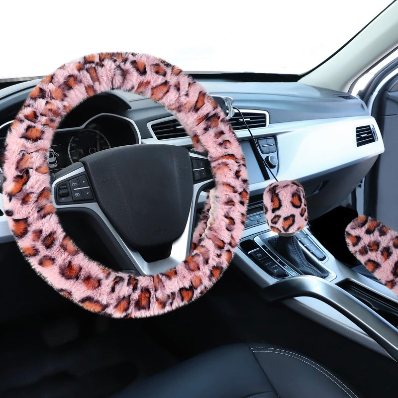 Accmor Fuzzy Steering Wheel Cover, Universal Fit Fur Car Wheel Cover & Handbrake Cover & Gear Shift Cover Set for Women Girls, Leopard Winter Warm Fluffy Vehicle Wheel Protector for Auto, SUV (Pink) - Image 1