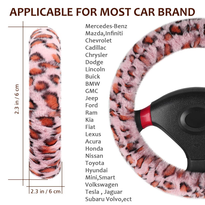 Accmor Fuzzy Steering Wheel Cover, Universal Fit Fur Car Wheel Cover & Handbrake Cover & Gear Shift Cover Set for Women Girls, Leopard Winter Warm Fluffy Vehicle Wheel Protector for Auto, SUV (Pink) - Image 2
