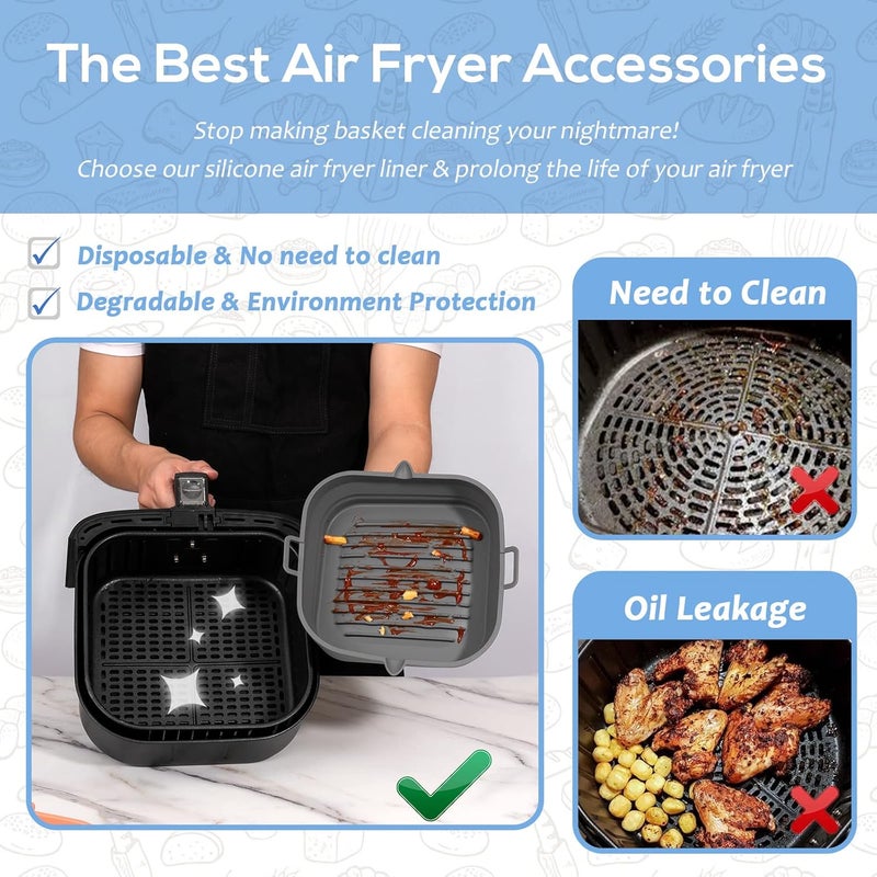 Loveuing [2 Pack] Silicone Air Fryer Liners Square - Reusable Airfryer Basket - Easy to Clean Air Fryers Pot for 5.8 to 8 Qt Large Air Fryer Baking Tray Oven Accessories, 8.5 Inch - Image 2