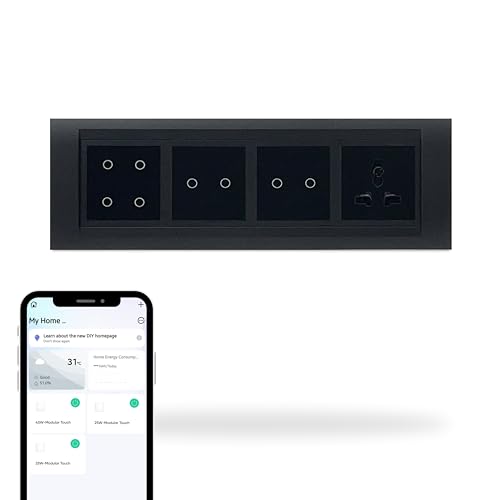 Aziot 8 Module Switch Board Plate | Smart 4 Touch, Two 2 Touch SW & 1 Socket | WiFi & BLE | Google, Alexa & Siri Control (Black) - Image 1