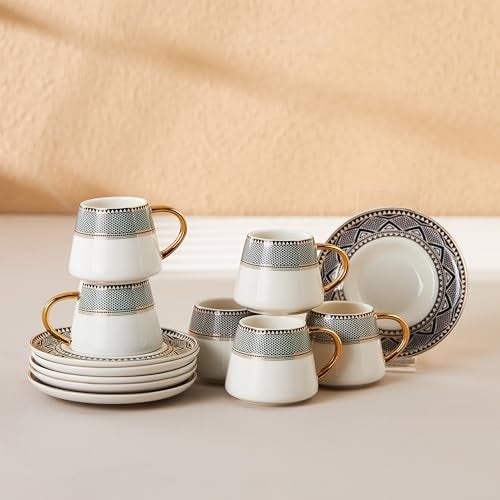 KARACA Globe Turkish Coffee Cup Set of 6, 80ml, 2.7 oz, Small Espresso Cups with Saucers, Porcelain, Black Patterns, and Gold Handles, Ideal for Serving Greek, Arabic Coffee - Image 1