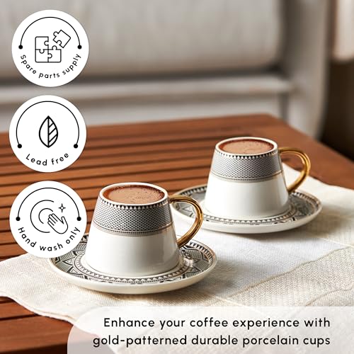 KARACA Globe Turkish Coffee Cup Set of 6, 80ml, 2.7 oz, Small Espresso Cups with Saucers, Porcelain, Black Patterns, and Gold Handles, Ideal for Serving Greek, Arabic Coffee - Image 4