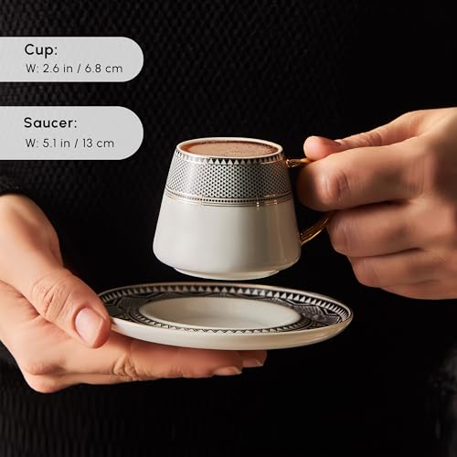 KARACA Globe Turkish Coffee Cup Set of 6, 80ml, 2.7 oz, Small Espresso Cups with Saucers, Porcelain, Black Patterns, and Gold Handles, Ideal for Serving Greek, Arabic Coffee - Image 5