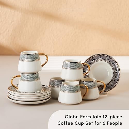 KARACA Globe Turkish Coffee Cup Set of 6, 80ml, 2.7 oz, Small Espresso Cups with Saucers, Porcelain, Black Patterns, and Gold Handles, Ideal for Serving Greek, Arabic Coffee - Image 3