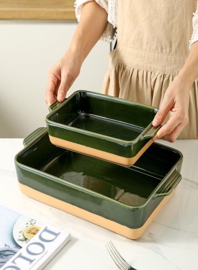 Howise Ceramic Baking Casserole Dish with Handles, Large 9x13 inch Pan and Middle Baking Pan - Porcelain Serving Bakeware Set (Forest Green) - Image 2