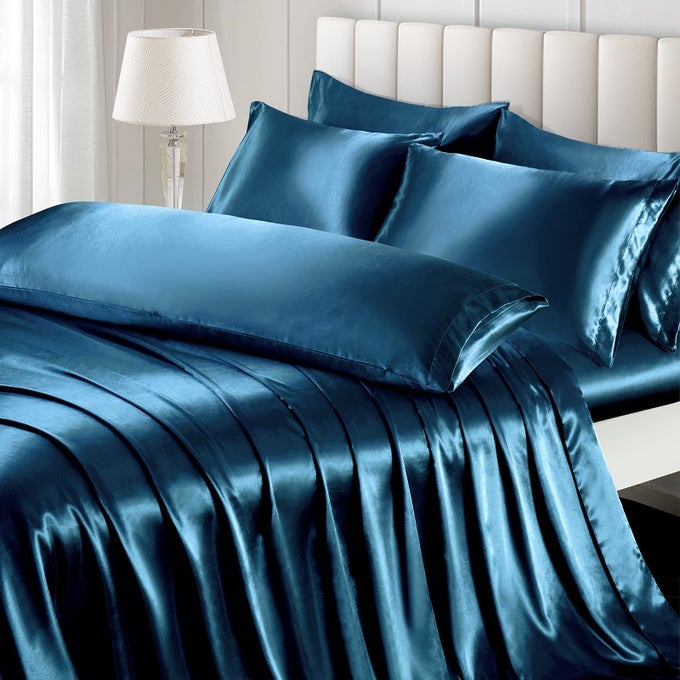 7 PIECES SATIN SHEETS SET QUEEN SIZE LUXURY SILKY NAVY BLUE SATIN BED SHEETS SET WITH 1 DEEP POCKET FITTED SHEET 1 SOFT FLAT SHEET 4 QUEEN PILLOWCASES AND 1 BODY PILLOWCASE