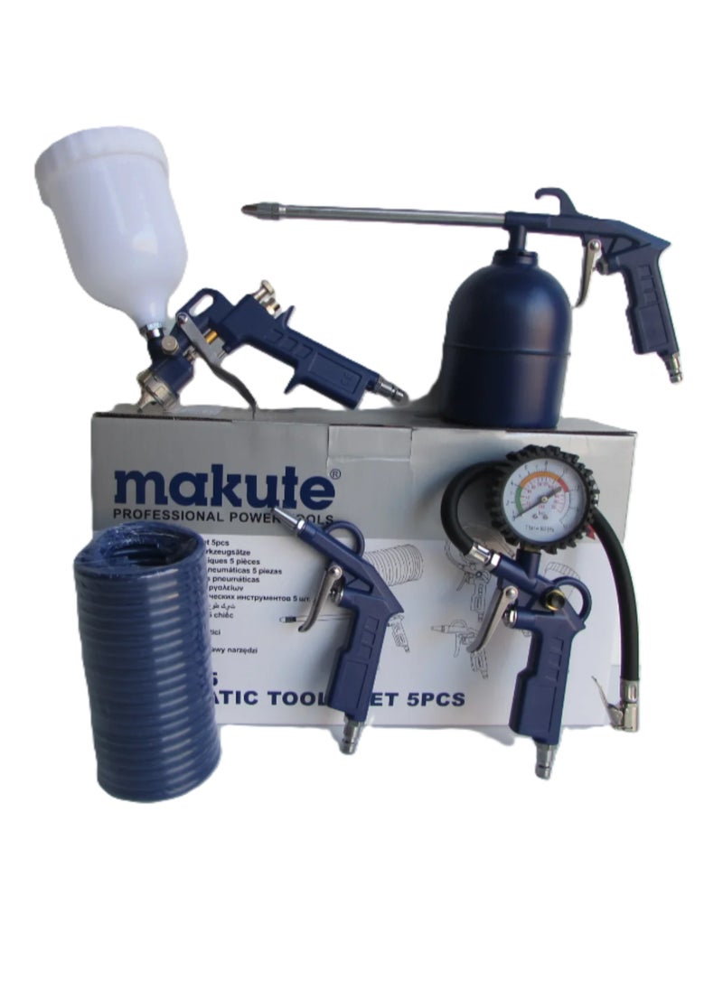 5-Piece Pneumatic Set 5 in 1 Air Tool Kit  Includes Recoil Hose  Air Gun  Air Spray gun  Air Washer Gun  Tire Inflator Gun for Painting Inflating Cleaning and more (MKDGS5)