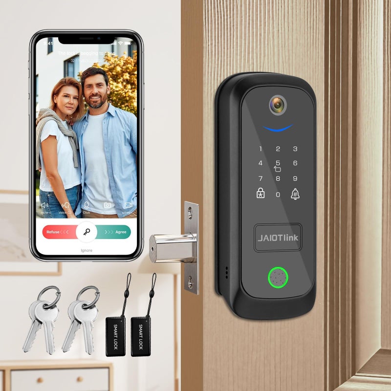 JAIOTlink 5 in 1 Smart Lock for Front Door, Keyless Entry Deadbolt with Camera & Doorbell, WiFi Secure Electronic Lock for Home, Fingerprint, Keypad, App Control, Voice Changer, Compatible with Alexa - Image 1