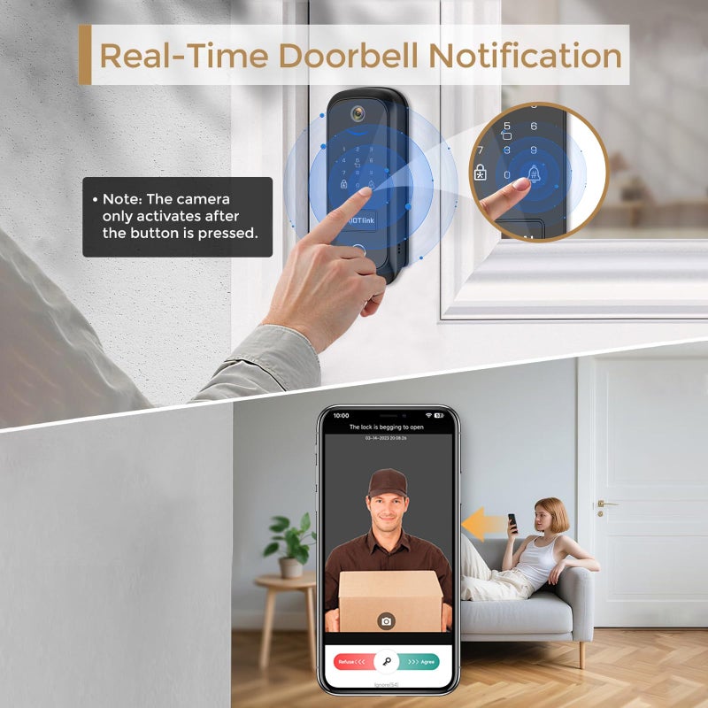 JAIOTlink 5 in 1 Smart Lock for Front Door, Keyless Entry Deadbolt with Camera & Doorbell, WiFi Secure Electronic Lock for Home, Fingerprint, Keypad, App Control, Voice Changer, Compatible with Alexa - Image 5