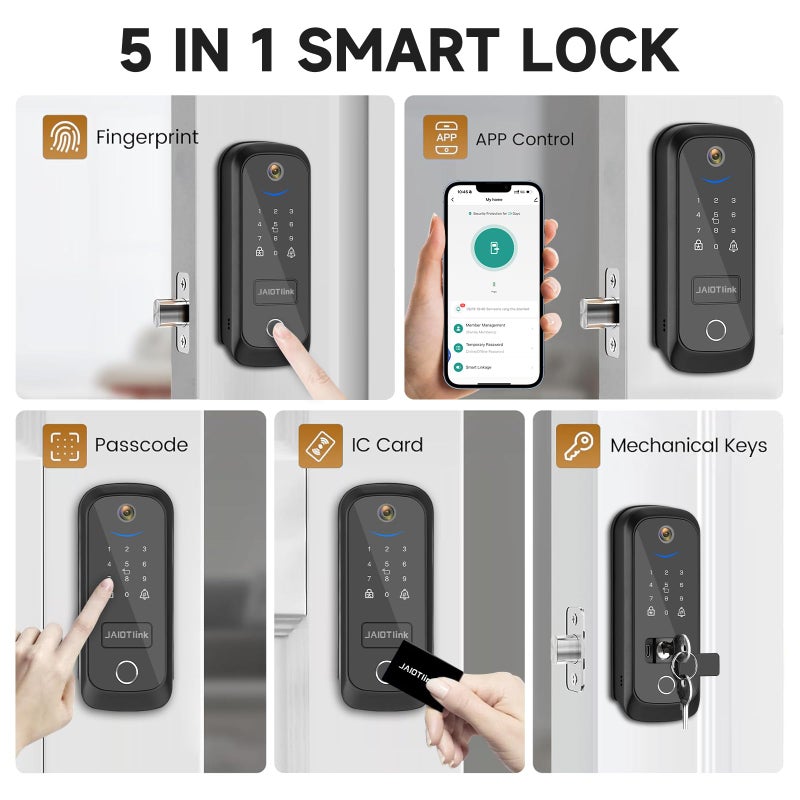 JAIOTlink 5 in 1 Smart Lock for Front Door, Keyless Entry Deadbolt with Camera & Doorbell, WiFi Secure Electronic Lock for Home, Fingerprint, Keypad, App Control, Voice Changer, Compatible with Alexa - Image 2