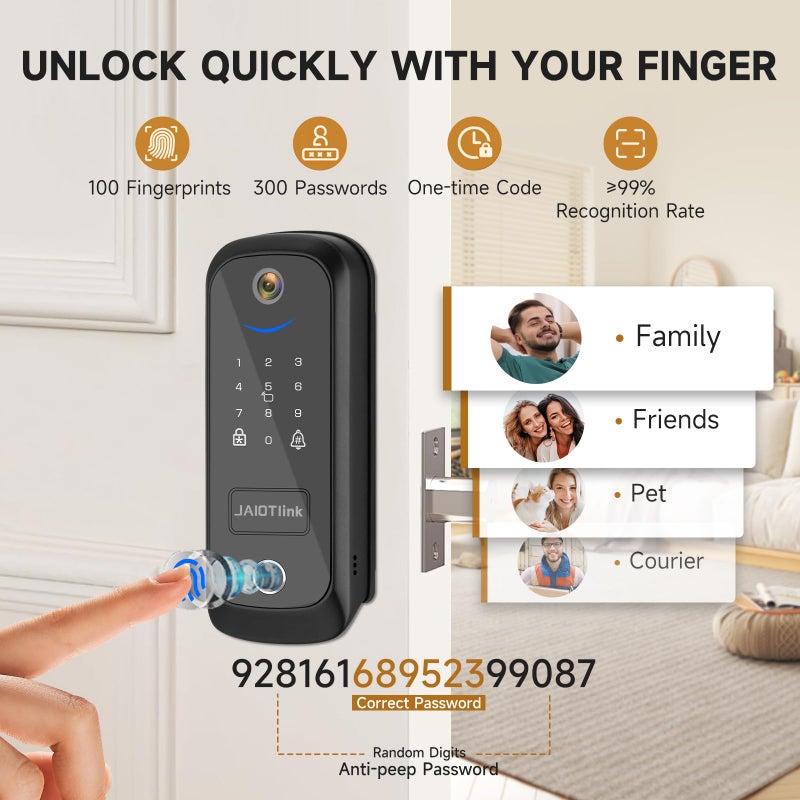 JAIOTlink 5 in 1 Smart Lock for Front Door, Keyless Entry Deadbolt with Camera & Doorbell, WiFi Secure Electronic Lock for Home, Fingerprint, Keypad, App Control, Voice Changer, Compatible with Alexa - Image 4