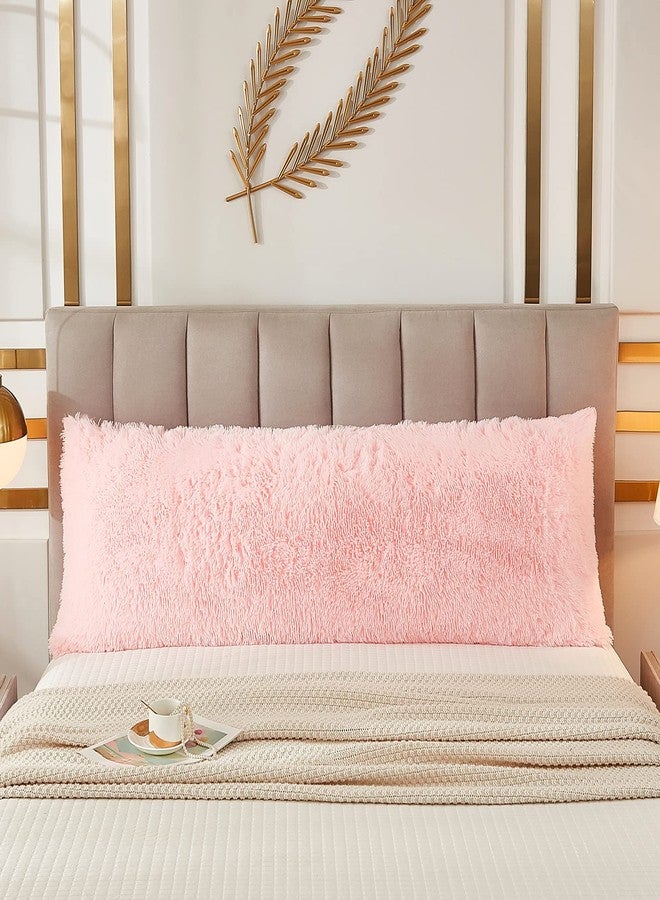 JAUXIO Faux Fur Fluffy Body Pillow Cover Luxury Shaggy Plush Decorative Solid Body Pillowcase, Ultra Soft and Cozy Zipper Closure 21 x 54 Inches, Pink - Image 2