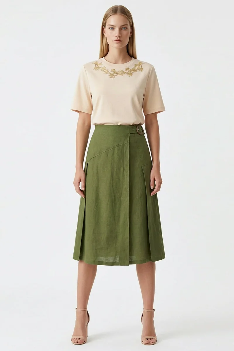 Exquise Regular Midi Linen Khaki Skirt with Slit, Buckle and Zipper