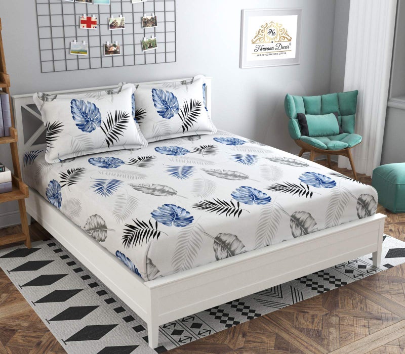 Nirwana Decor Microfiber Fitzy 280 Tc Fitted Bedsheet King Size, Elastic Bedsheet, 72X78 Inches + 10 Inches Drop, With 2 Pillow Covers (Blue Flower, 72" X 78") - Image 1