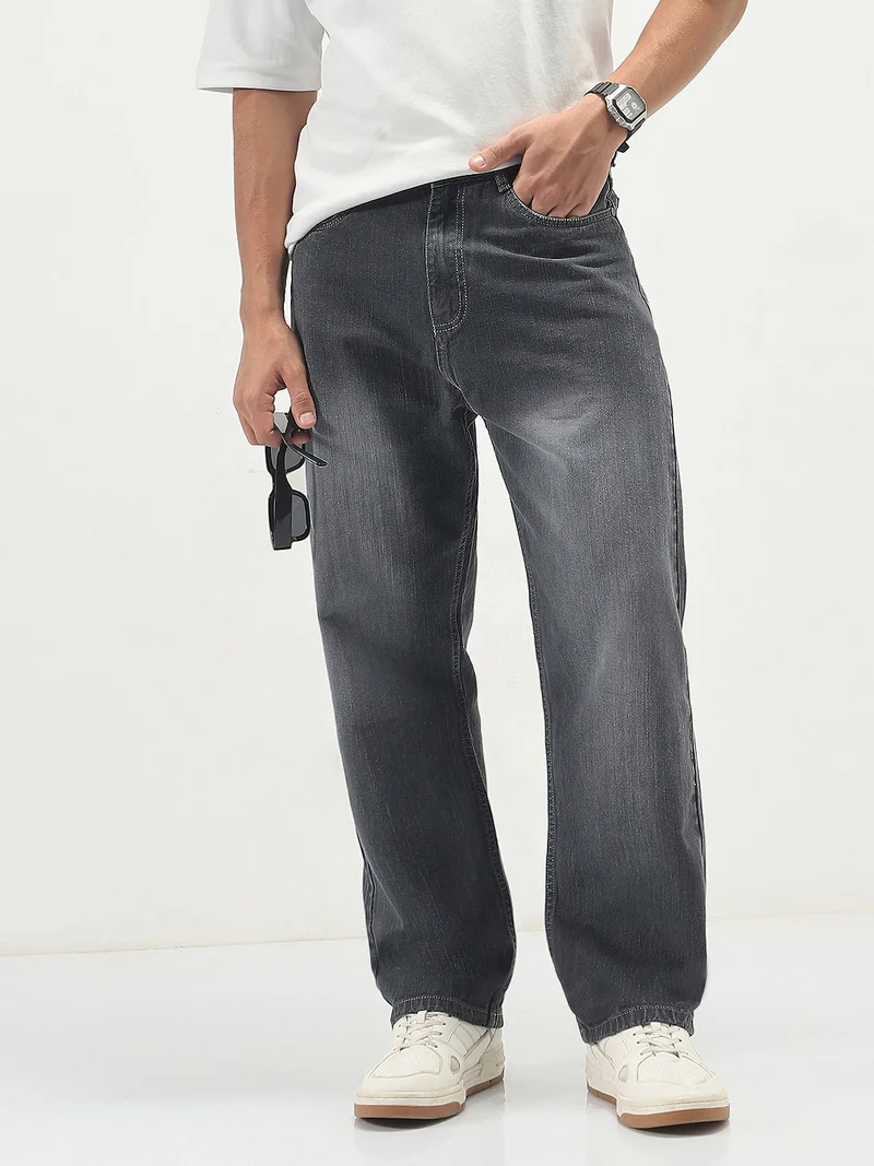 Urbano Fashion Men's Dark Grey Loose Baggy Fit Washed Denim Jeans Non-Stretchable