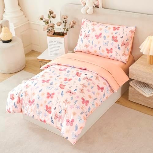 URBONUR Cute Butterfly Toddler Bedding Set for Girls 4 Piece BedinaBag Toddler Microfiber Comforter Sheet Set Botanical Flowers Printed All Season Easy Care - Image 3
