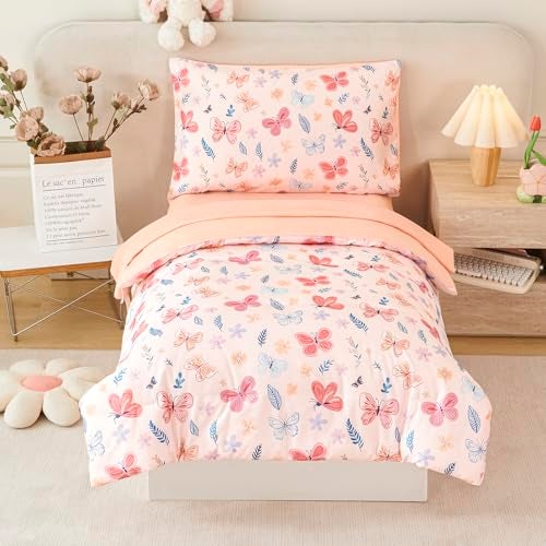 URBONUR Cute Butterfly Toddler Bedding Set for Girls 4 Piece BedinaBag Toddler Microfiber Comforter Sheet Set Botanical Flowers Printed All Season Easy Care - Image 1