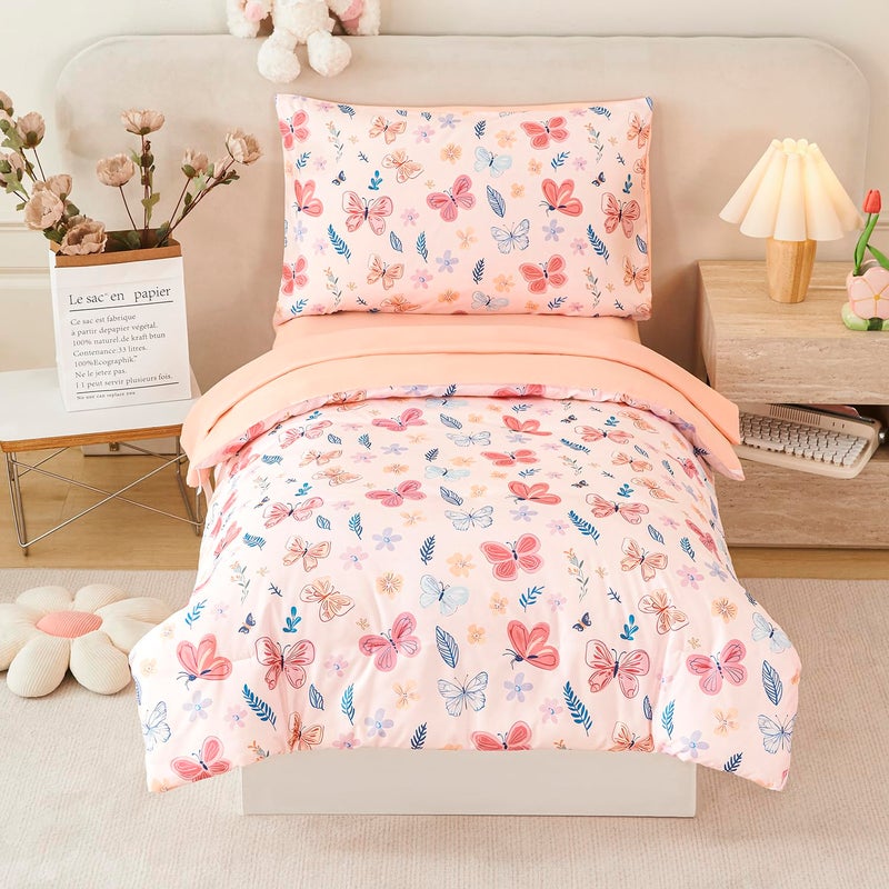 URBONUR Cute Butterfly Toddler Bedding Set for Girls 4 Piece BedinaBag Toddler Microfiber Comforter Sheet Set Botanical Flowers Printed All Season Easy Care - Image 2