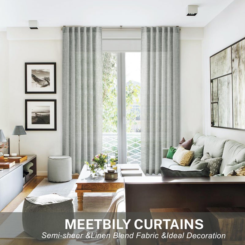 MEETBILY Greyish Green Linen Curtains 84 Inches Long for Living Room  Back Tab Rod Pocket Light Filtering Semi Sheer Window Drapes  Light Grey Green Boho Farmhouse Curtains for Bedroom 2 Panels Set Celadon - Image 4
