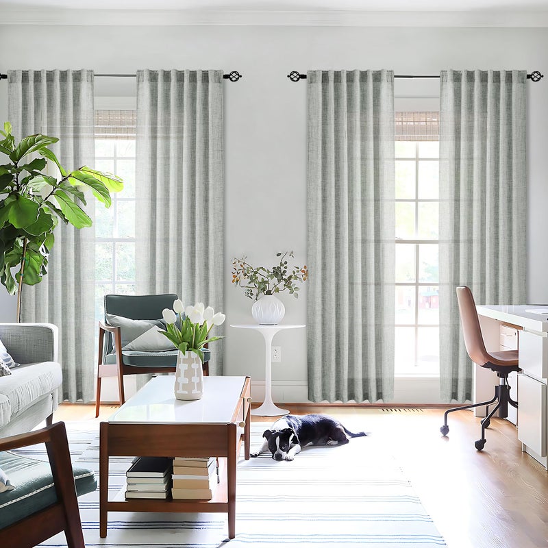 MEETBILY Greyish Green Linen Curtains 84 Inches Long for Living Room  Back Tab Rod Pocket Light Filtering Semi Sheer Window Drapes  Light Grey Green Boho Farmhouse Curtains for Bedroom 2 Panels Set Celadon - Image 5