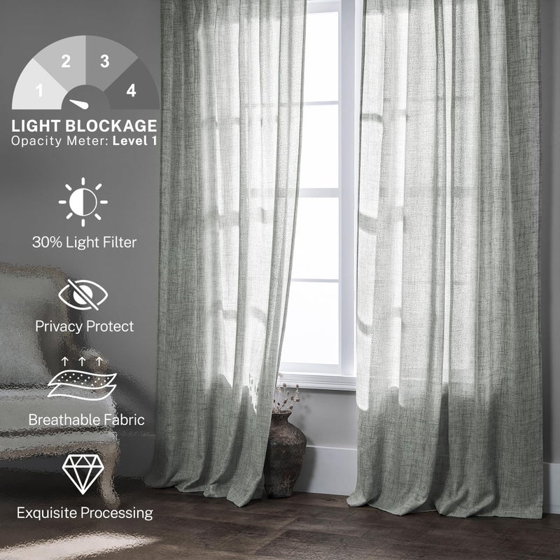 MEETBILY Greyish Green Linen Curtains 84 Inches Long for Living Room  Back Tab Rod Pocket Light Filtering Semi Sheer Window Drapes  Light Grey Green Boho Farmhouse Curtains for Bedroom 2 Panels Set Celadon - Image 2