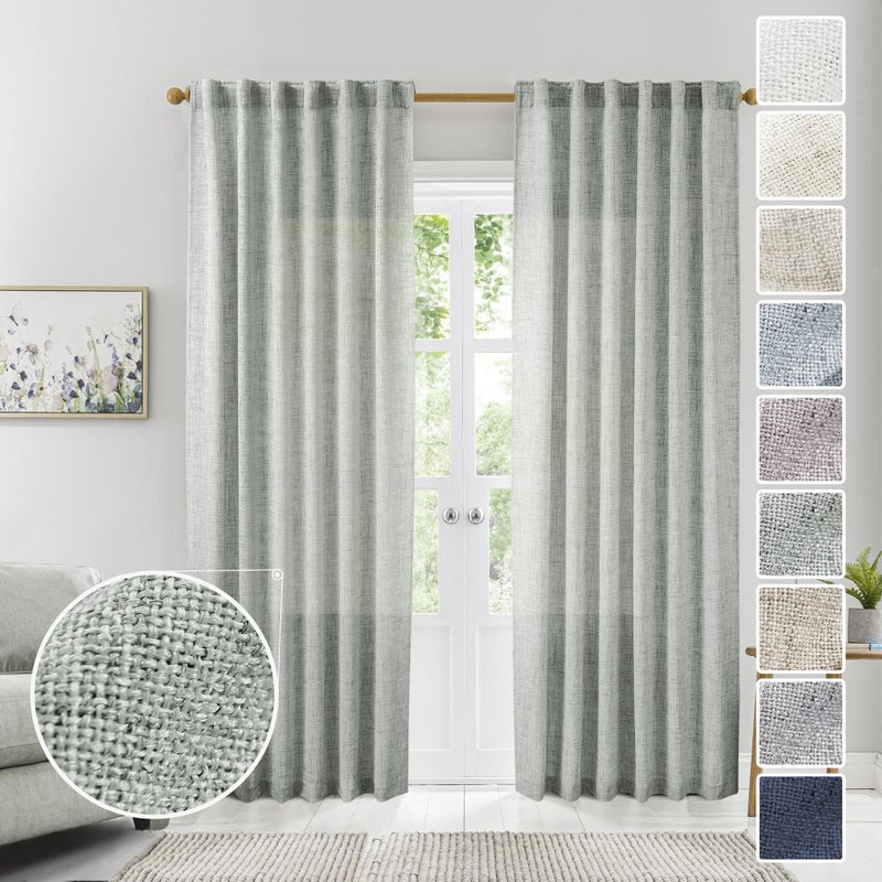 MEETBILY Greyish Green Linen Curtains 84 Inches Long for Living Room  Back Tab Rod Pocket Light Filtering Semi Sheer Window Drapes  Light Grey Green Boho Farmhouse Curtains for Bedroom 2 Panels Set Celadon - Image 1