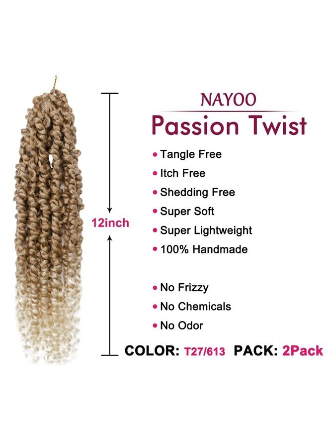 Passion Twist Hair - 2 Packs 12 Inch Passion Twist Crochet Hair For Black Women, Crochet Pretwisted Curly Hair Passion Twists Synthetic Braiding Hair Extensions (12 Inch 2 Packs, T27/613)