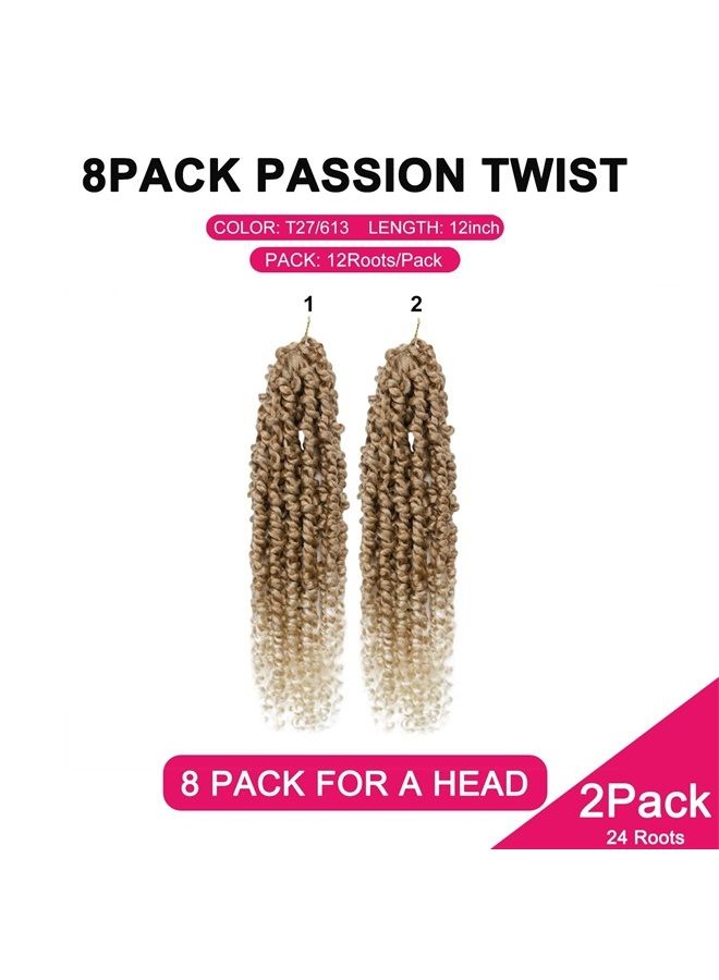Passion Twist Hair - 2 Packs 12 Inch Passion Twist Crochet Hair For Black Women, Crochet Pretwisted Curly Hair Passion Twists Synthetic Braiding Hair Extensions (12 Inch 2 Packs, T27/613)