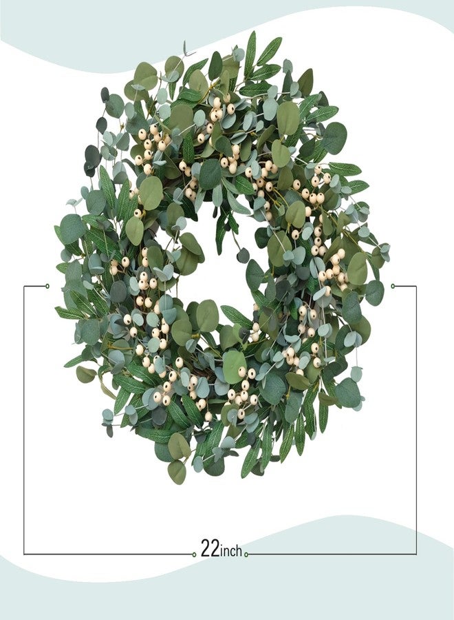 Bibelot 22 inch Artificial Spring/Summer Wreath for Front Door Evergreen Eucalyptus Decoration Wreath with Berries Home Party Indoor Outdoor All Season Decor - Image 3