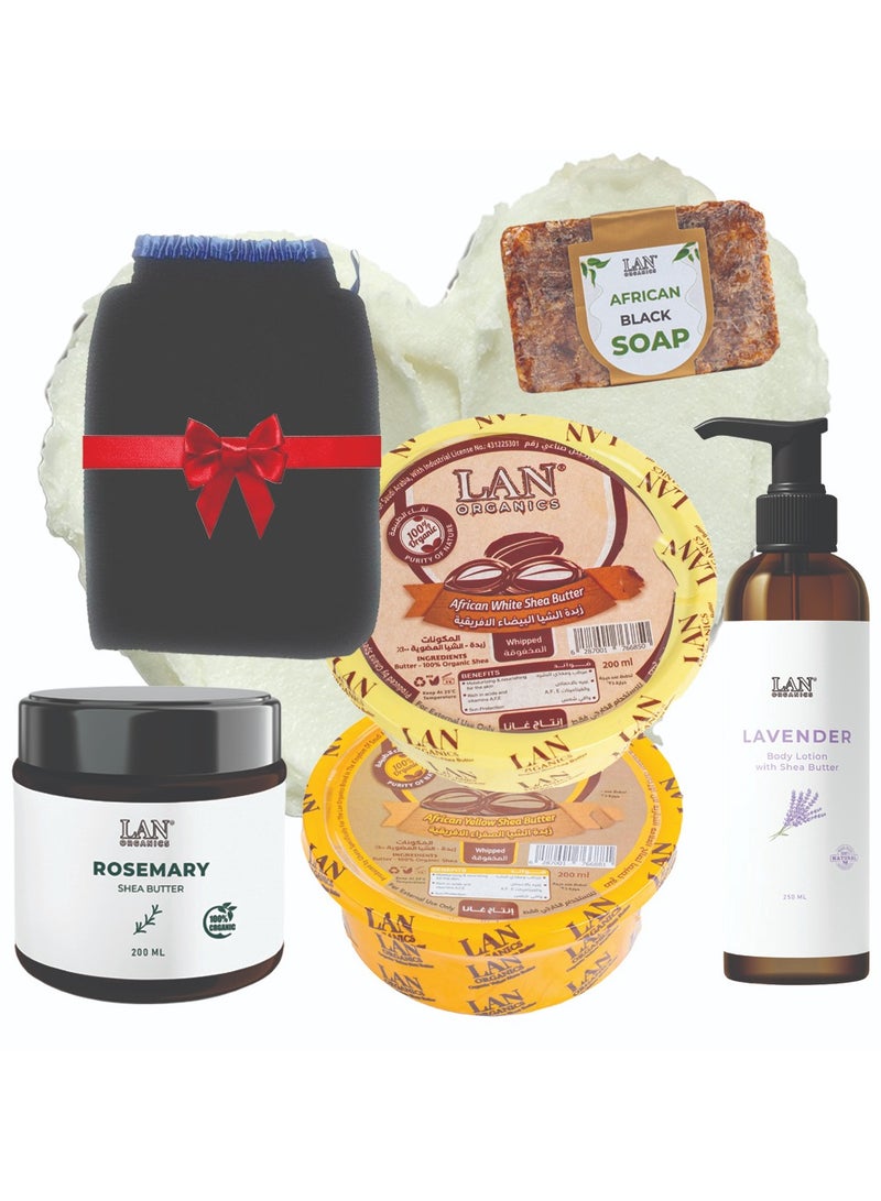 LAN ORGANICS Yellow and white shea butter set 200ml, lavender lotion 250ml, shea butter with rosemary extract 200ml, African black soap 120g and a free Moroccan loofah - Image 1