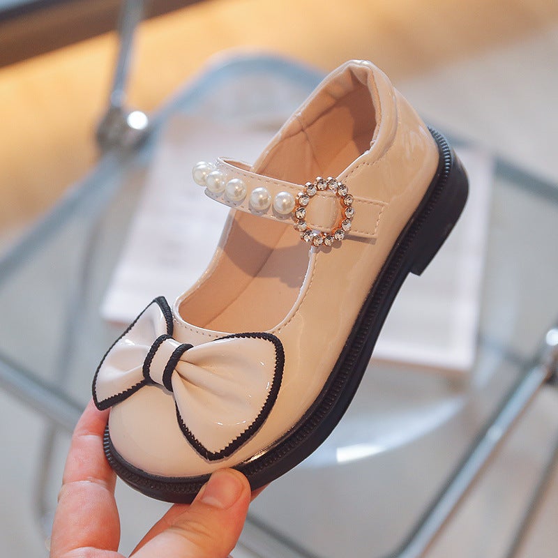 Little Tiger Star 2025 New Girls' Shallow Mouth Velcro Bow Baby Shoes Pearl Princess Shoes - Image 5