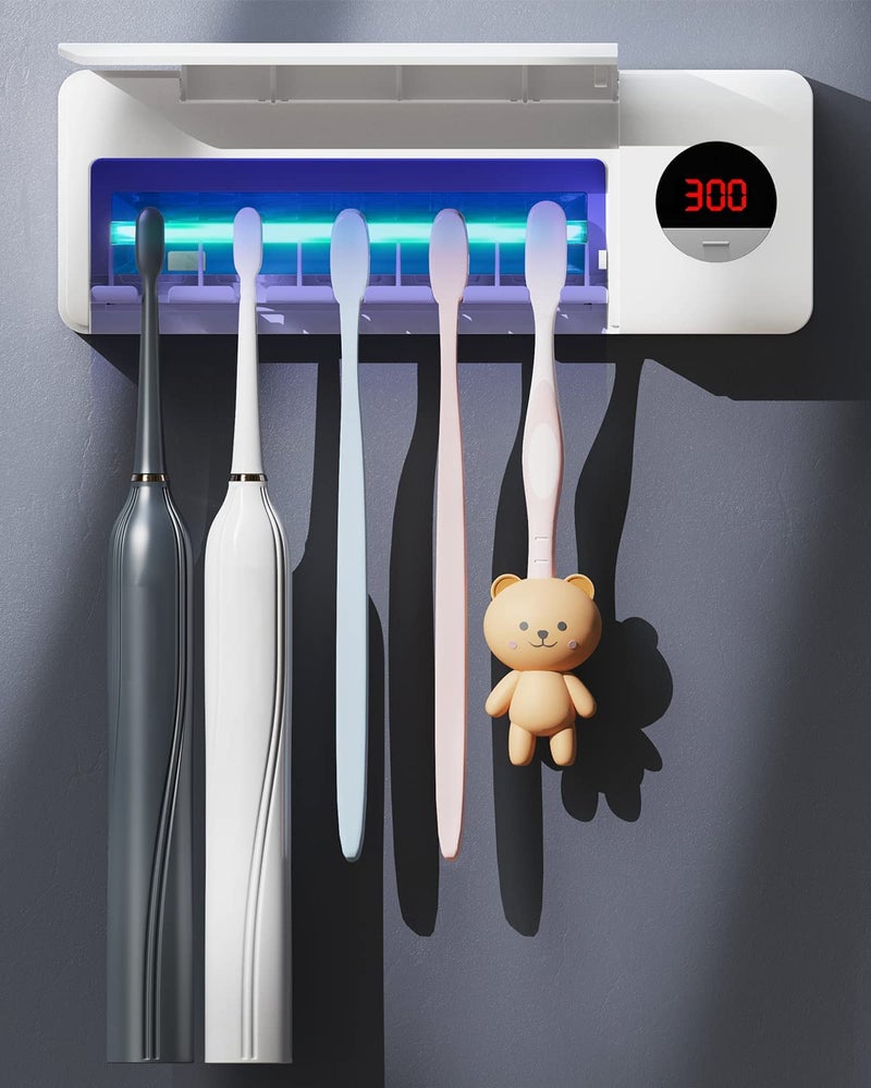 DSHOW UV Toothbrush Sanitizer Bathroom Toothbrush Holder Wall Mounted with Sterilizer Function 2000mAh Charging Timing Function Toothbrush Organizer for Ladies Baby Family White