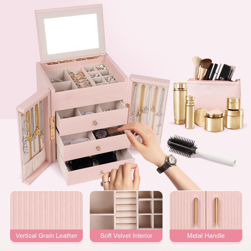 Dajasan Jewelry Box for Girls Women, 4-Tier Large Jewelry Organizer Box, Jewelry Storage Organizer, Jewelry Gift Box for Christmas, Valentine's Day, Birthday, Mother's Day (Pink) - Image 4